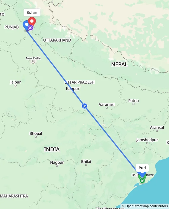 Route map showing distance and travel time from Puri, India to Solan, India