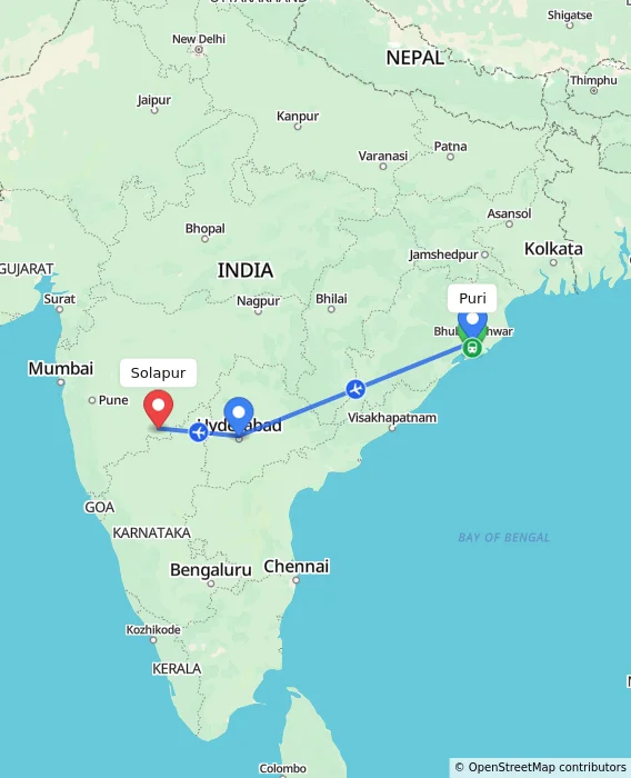 Route map showing distance and travel time from Puri, India to Solapur, India