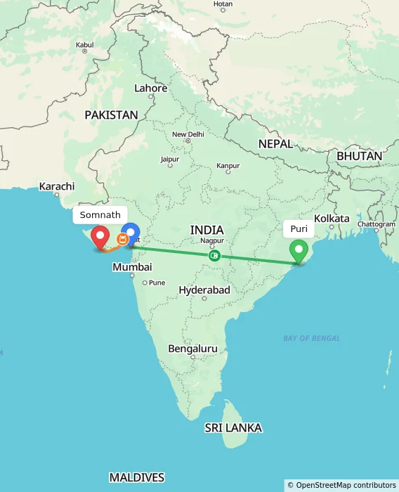 Route map showing distance and travel time from Puri, India to Somnath, India