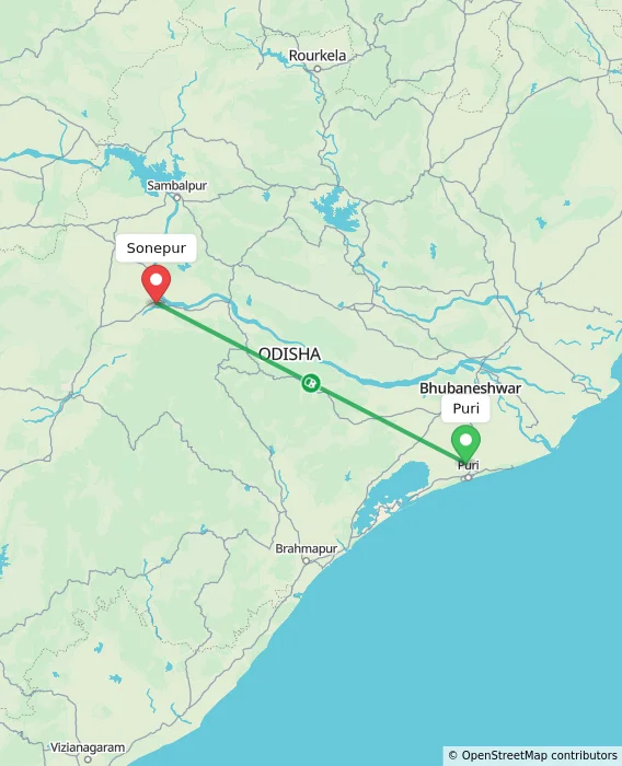 Route map showing distance and travel time from Puri, India to Sonepur, India