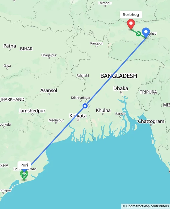 Route map showing distance and travel time from Puri, India to Sorbhog, India