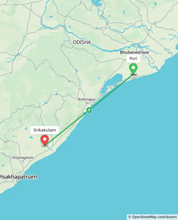Route map showing distance and travel time from Puri, India to Srikakulam, India
