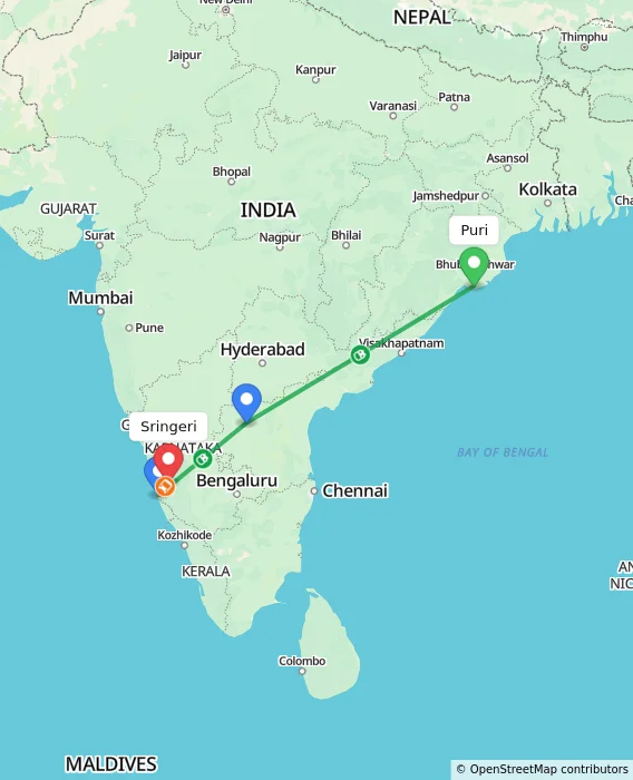 Route map showing distance and travel time from Puri, India to Sringeri, India