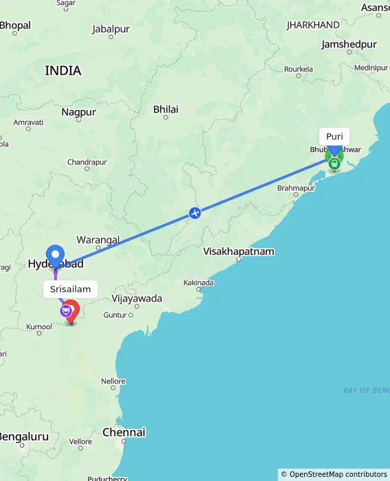 Route map showing distance and travel time from Puri, India to Srisailam, India