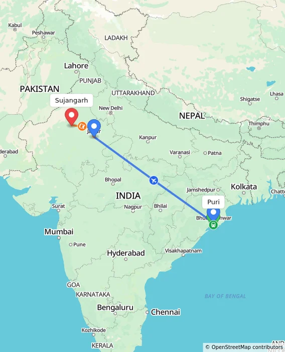 Route map showing distance and travel time from Puri, India to Sujangarh, India