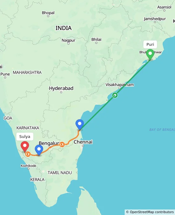 Route map showing distance and travel time from Puri, India to Sulya, India