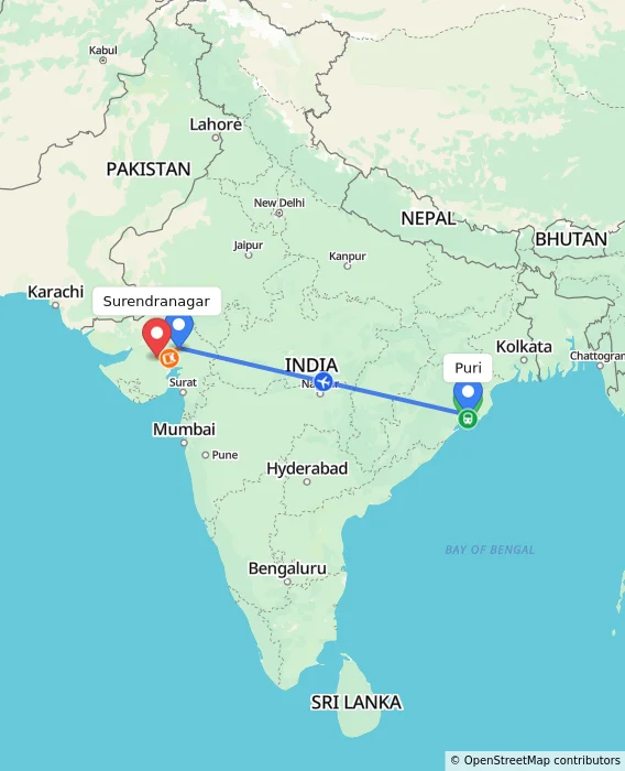 Route map showing distance and travel time from Puri, India to Surendranagar, India