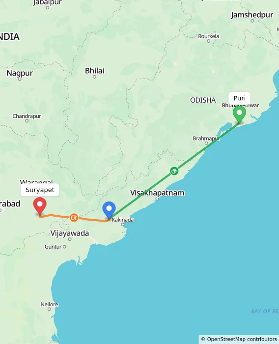 Route map showing distance and travel time from Puri, India to Suryapet, India