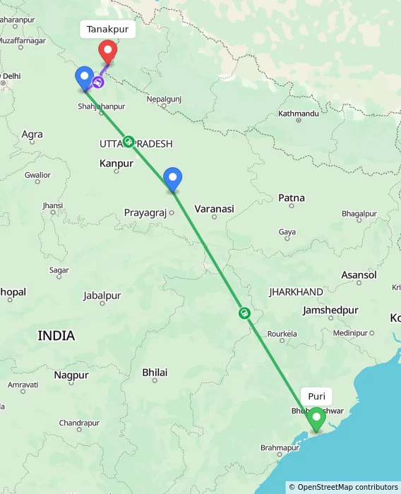 Route map showing distance and travel time from Puri, India to Tanakpur, India