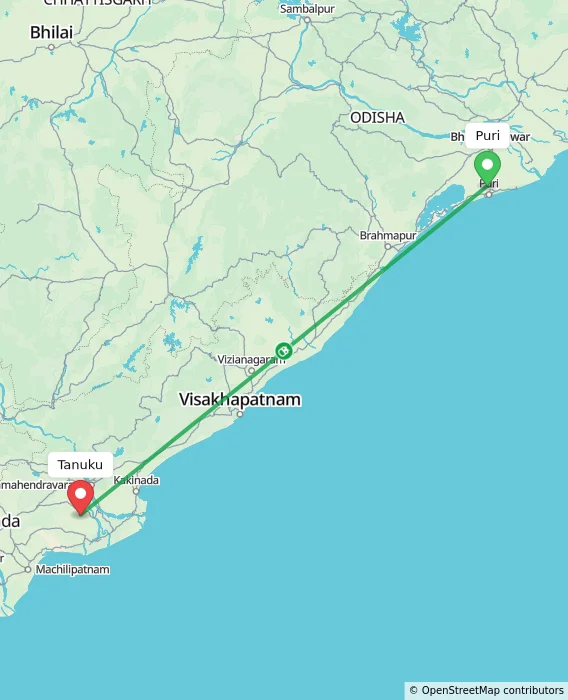 Route map showing distance and travel time from Puri, India to Tanuku, India