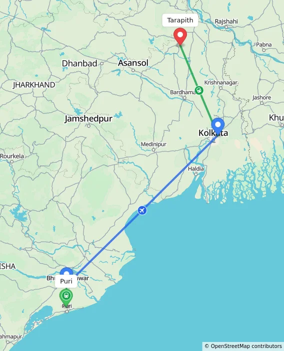 Route map showing distance and travel time from Puri, India to Tarapith, India