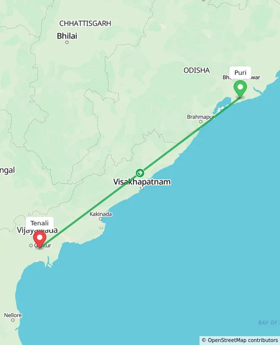 Route map showing distance and travel time from Puri, India to Tenali, India
