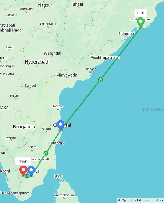 Route map showing distance and travel time from Puri, India to Theni, India