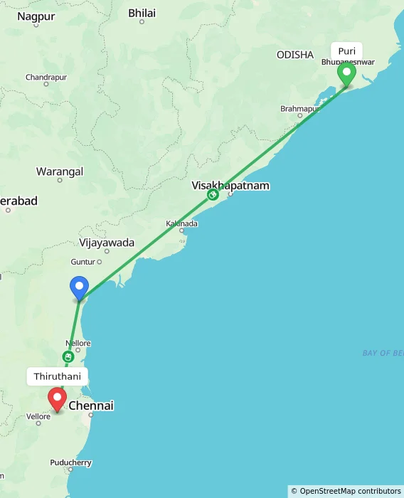 Route map showing distance and travel time from Puri, India to Thiruthani, India
