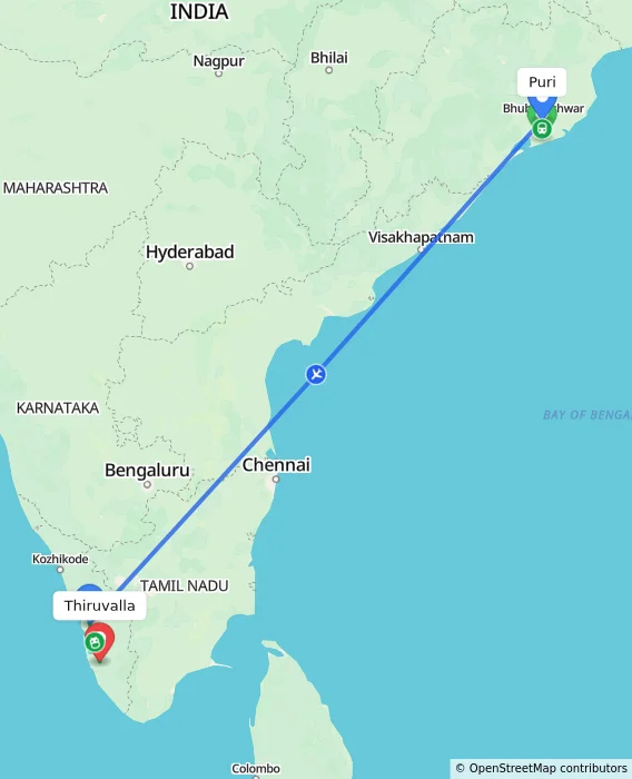 Route map showing distance and travel time from Puri, India to Thiruvalla, India
