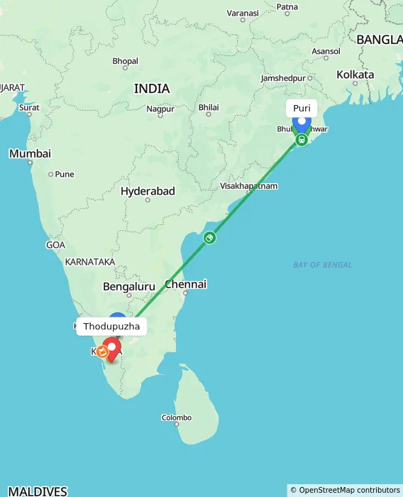 Route map showing distance and travel time from Puri, India to Thodupuzha, India