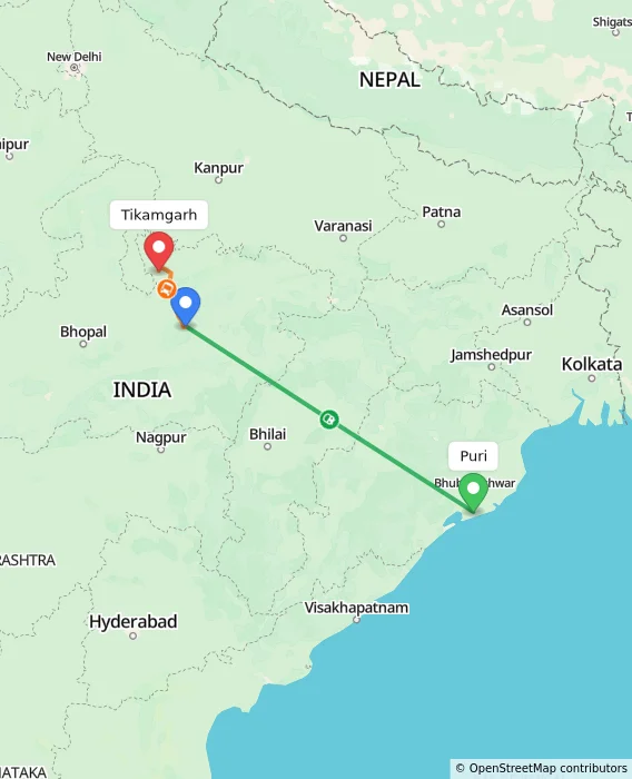Route map showing distance and travel time from Puri, India to Tikamgarh, India