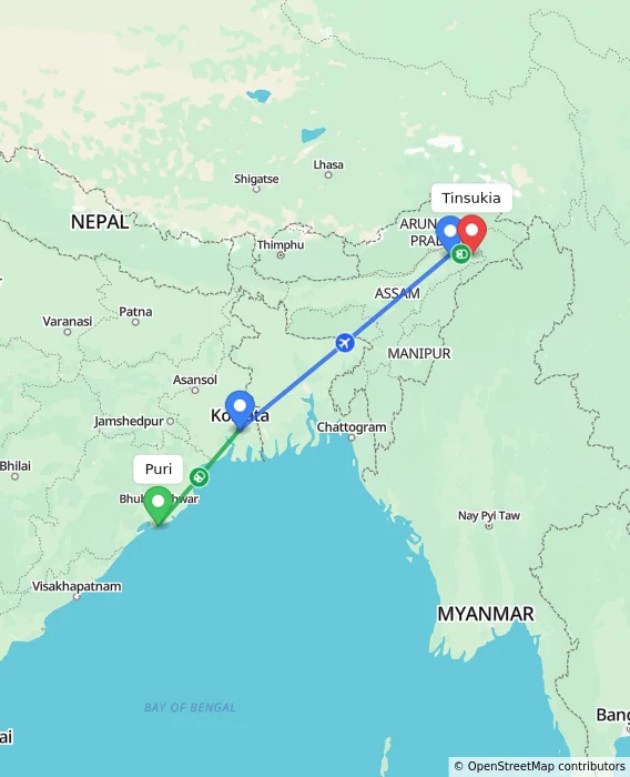 Route map showing distance and travel time from Puri, India to Tinsukia, India