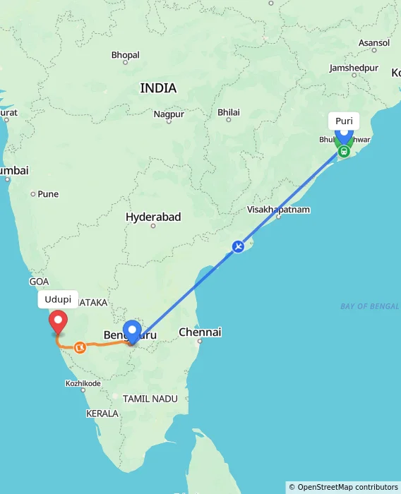 Route map showing distance and travel time from Puri, India to Udupi, India