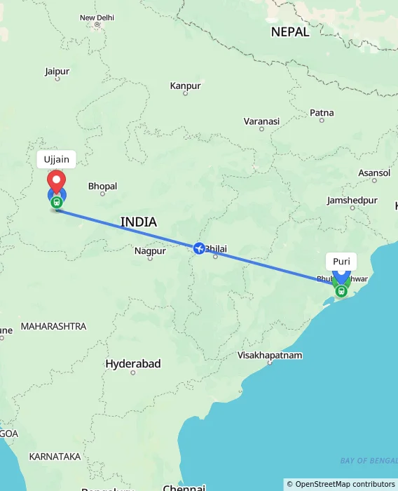 Route map showing distance and travel time from Puri, India to Ujjain, India