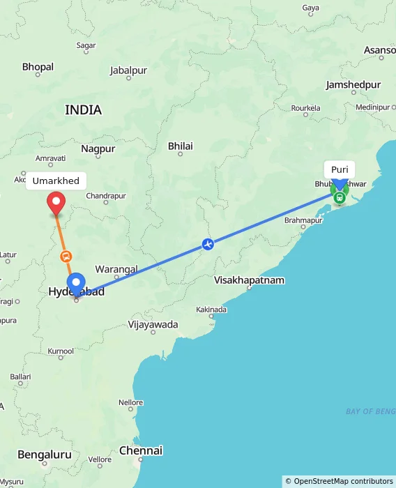 Route map showing distance and travel time from Puri, India to Umarkhed, India