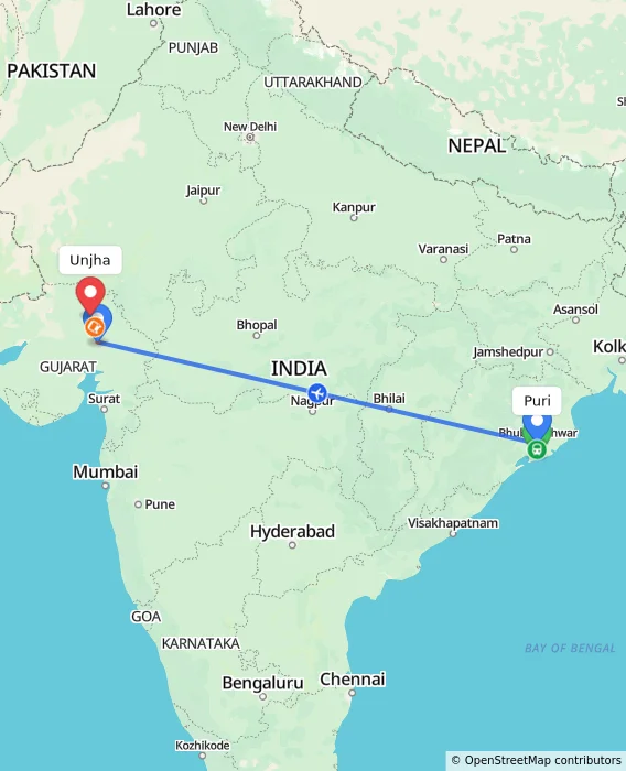 Route map showing distance and travel time from Puri, India to Unjha, India