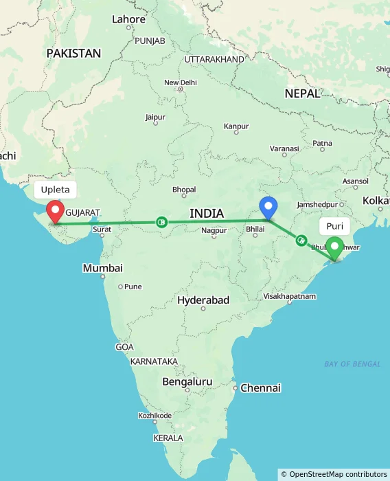Route map showing distance and travel time from Puri, India to Upleta, India