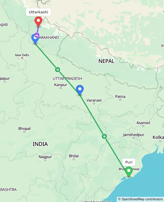 Route map showing distance and travel time from Puri, India to Uttarkashi, India
