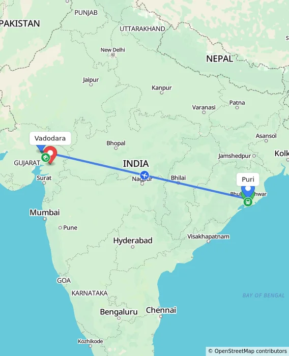 Route map showing distance and travel time from Puri, India to Vadodara, India