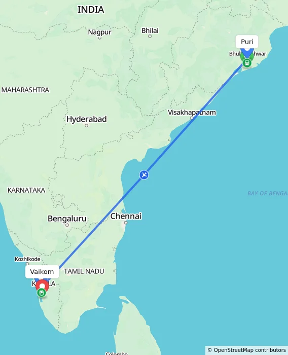 Route map showing distance and travel time from Puri, India to Vaikom, India