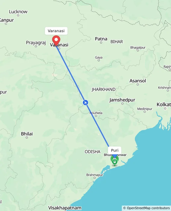 Route map showing distance and travel time from Puri, India to Varanasi, India