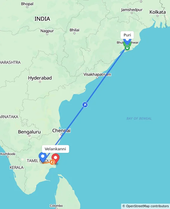 Route map showing distance and travel time from Puri, India to Velankanni, India