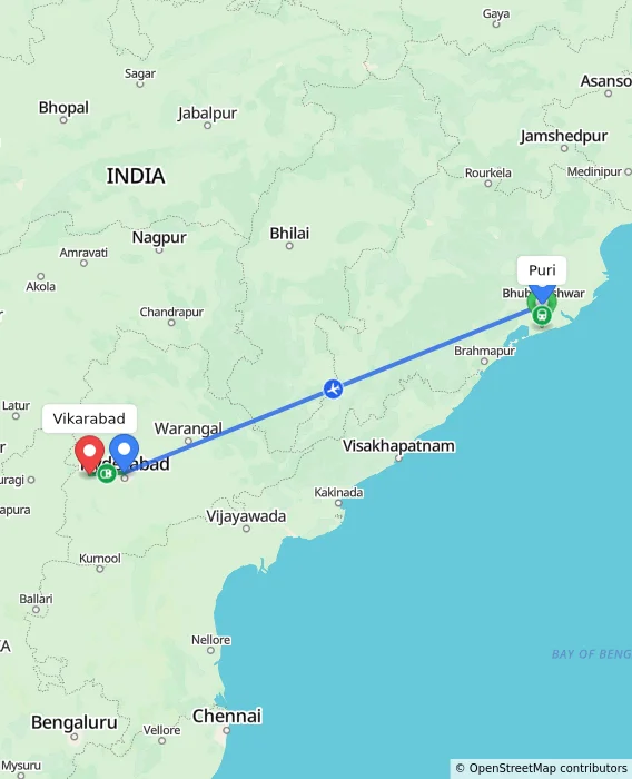 Route map showing distance and travel time from Puri, India to Vikarabad, India