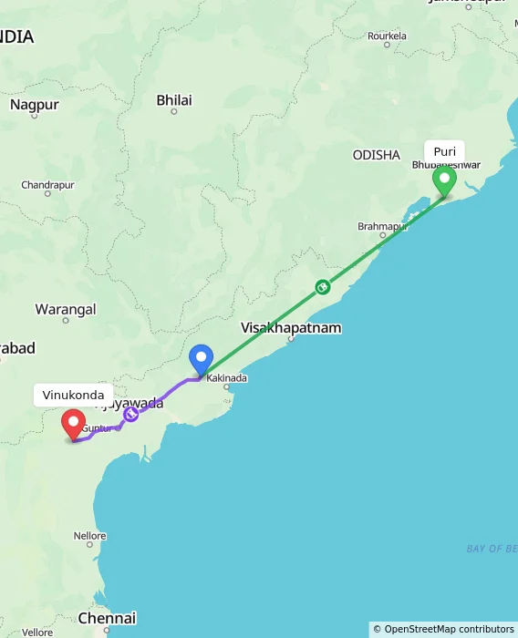 Route map showing distance and travel time from Puri, India to Vinukonda, India