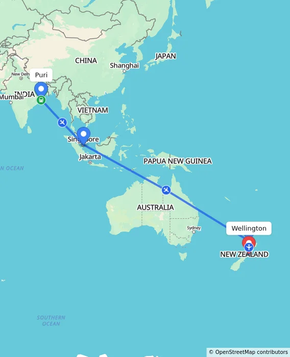 Route map showing distance and travel time from Puri, India to Wellington, New Zealand
