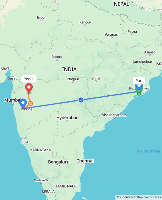 Route map showing distance and travel time from Puri, India to Yeola, India