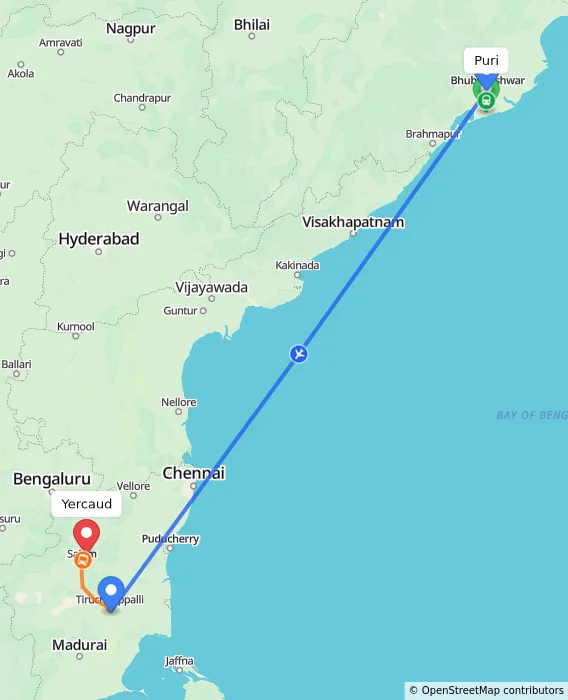 Route map showing distance and travel time from Puri, India to Yercaud, India