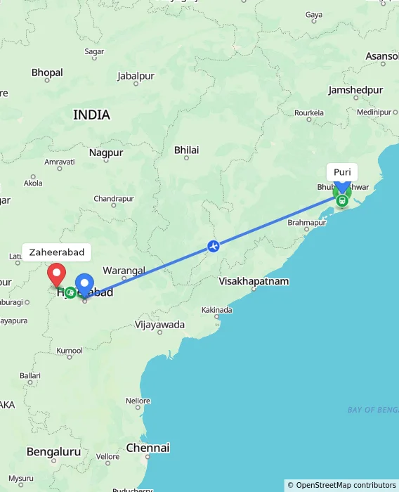 Route map showing distance and travel time from Puri, India to Zaheerabad, India