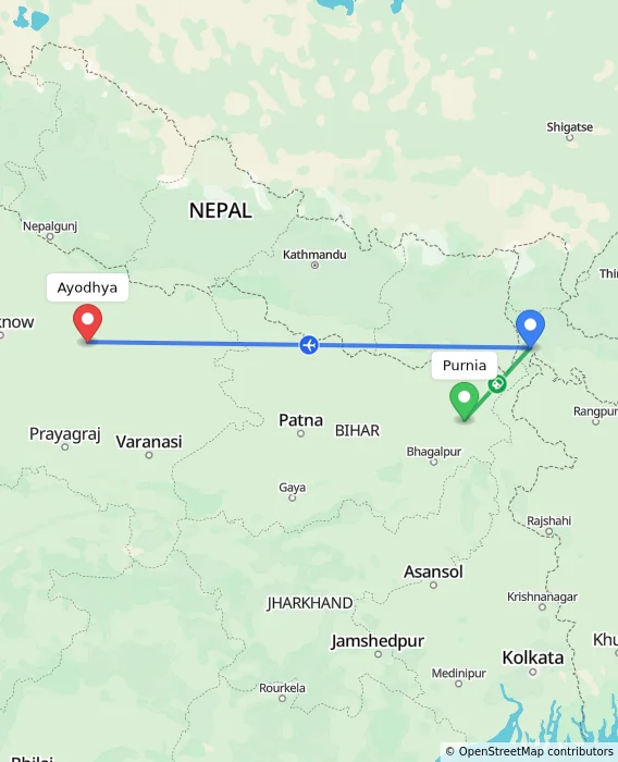 Route map showing distance and travel time from Purnia, India to Ayodhya, India