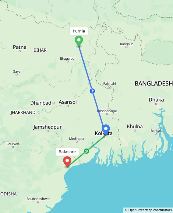 Route map showing distance and travel time from Purnia, India to Balasore, India