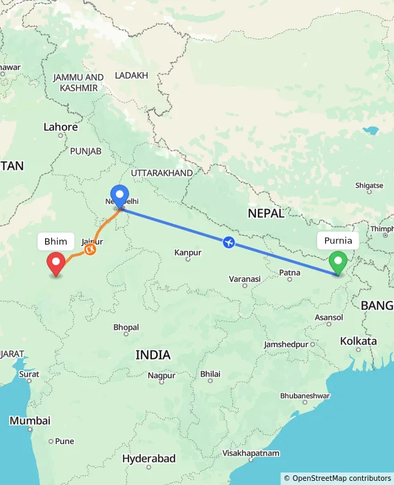 Route map showing distance and travel time from Purnia, India to Bhim, India