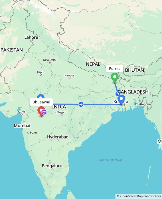 Route map showing distance and travel time from Purnia, India to Bhusawal, India