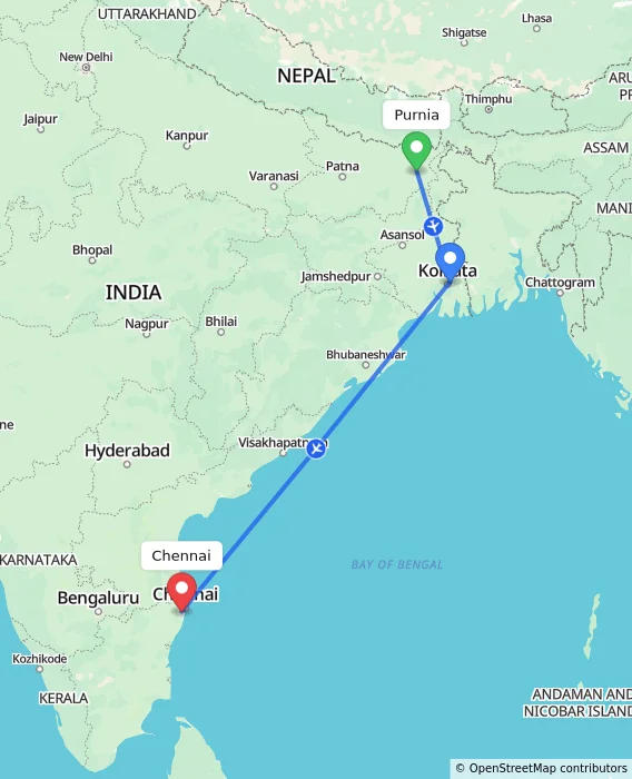 Route map showing distance and travel time from Purnia, India to Chennai, India