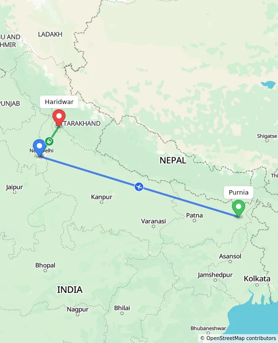 Route map showing distance and travel time from Purnia, India to Haridwar, India