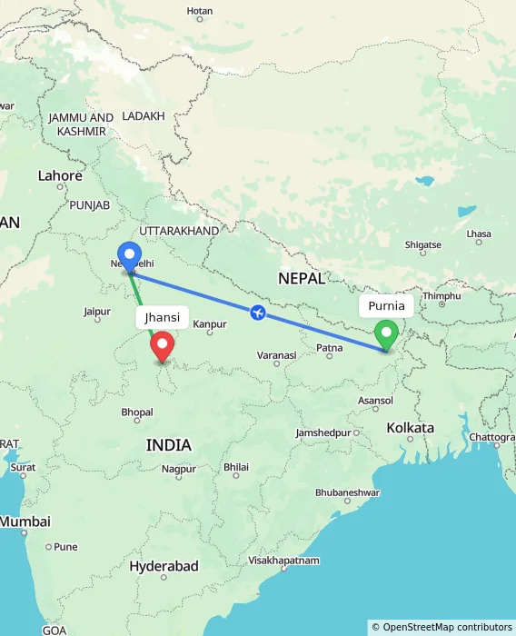 Route map showing distance and travel time from Purnia, India to Jhansi, India