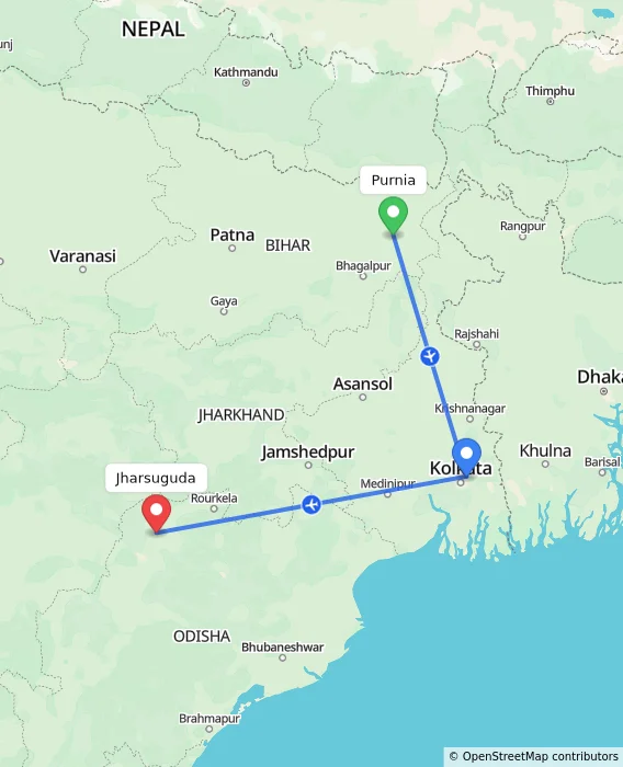 Route map showing distance and travel time from Purnia, India to Jharsuguda, India