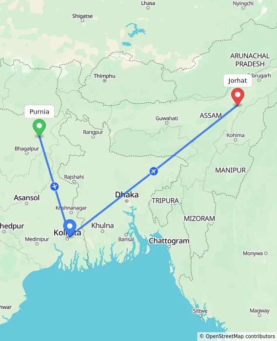Route map showing distance and travel time from Purnia, India to Jorhat, India