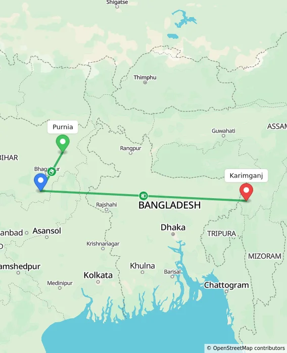 Route map showing distance and travel time from Purnia, India to Karimganj, India