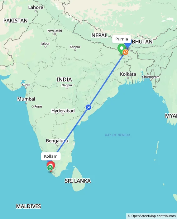 Route map showing distance and travel time from Purnia, India to Kollam, India