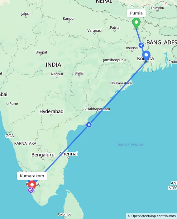 Route map showing distance and travel time from Purnia, India to Kumarakom, India